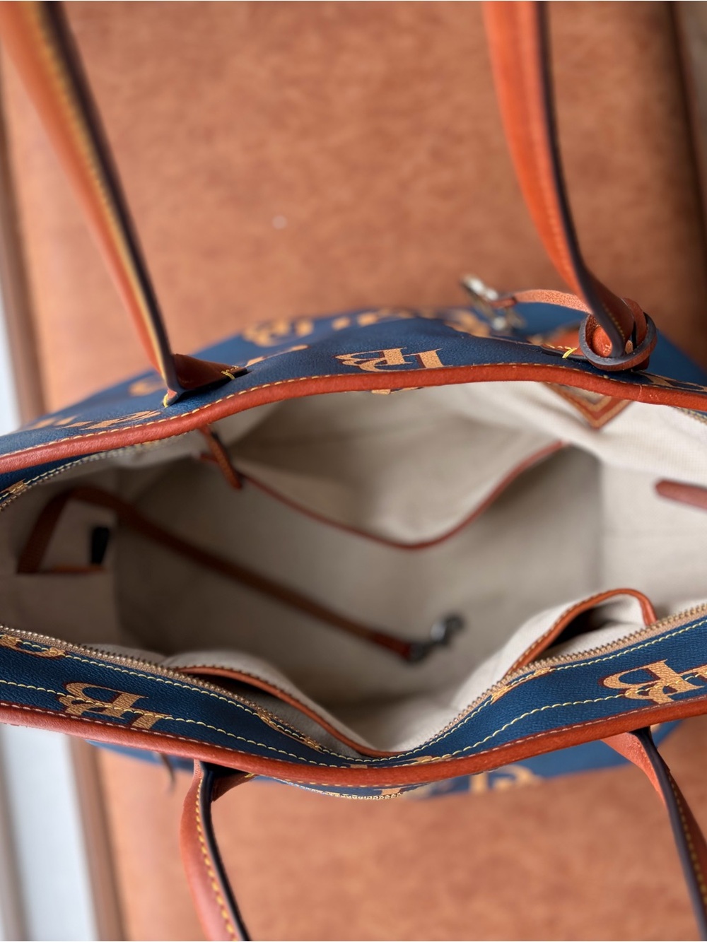 Dooney & Bourke Navy Logo Tote with Tan Trim - Picture 6 of 8